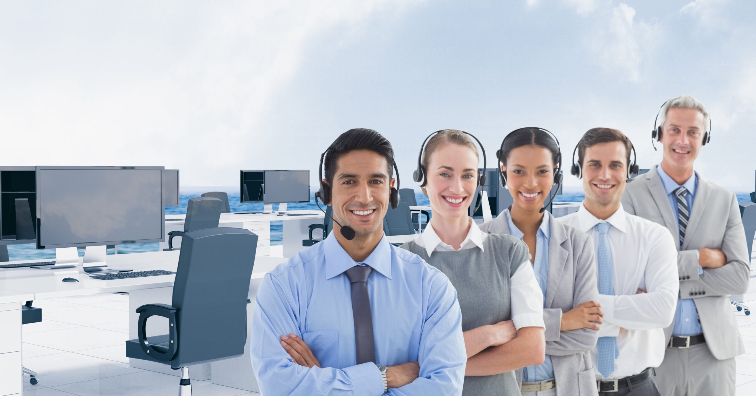 Digital composite image of call center executive wearing headphones and standing with arms crossed